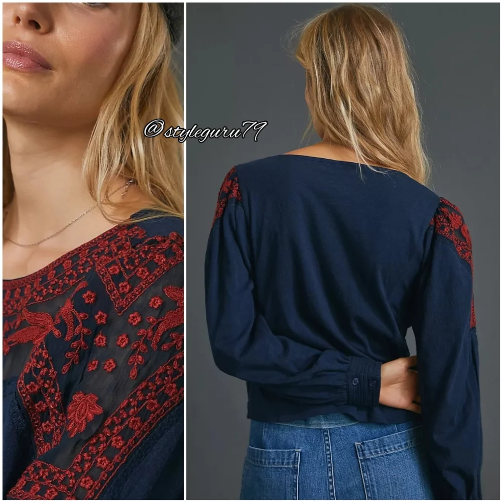 NWT, Anthropologie, KAMI EMBROIDERED Long Sleeve Top In Navy, Medium